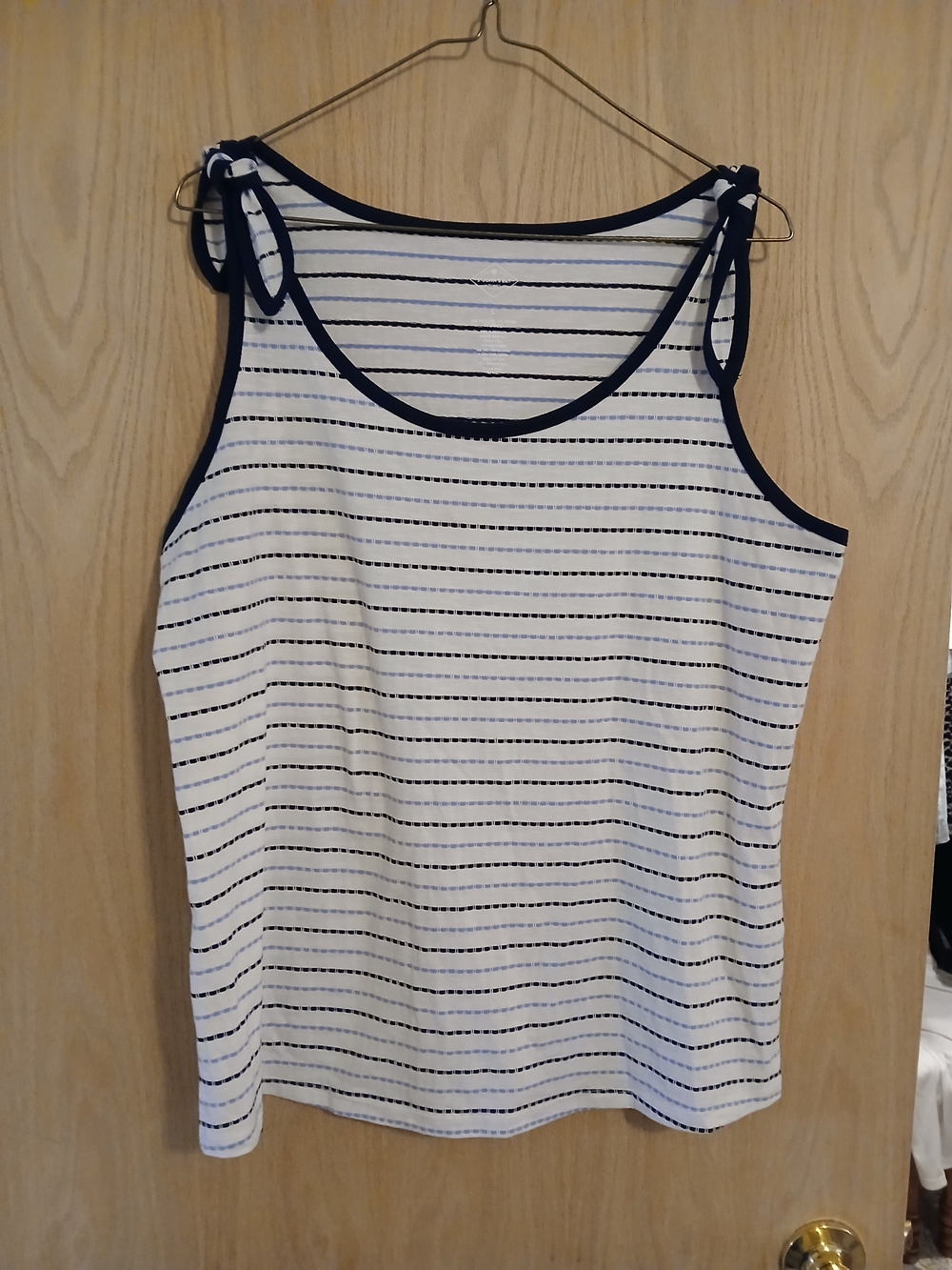St. John's Bay White Tank Top with Navy Stripes and Tie Shoulders